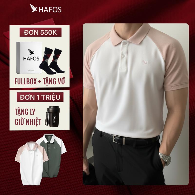  Áo Polo nam Hafos TOCO họa tiết chim ưng Áo Polo Hafos Có Cổ tay áo phối raglan vải Cá Sấu Cotton Waffle thoáng mát màu: xanh trắng trẻ trung Regular Fit Menswear 
