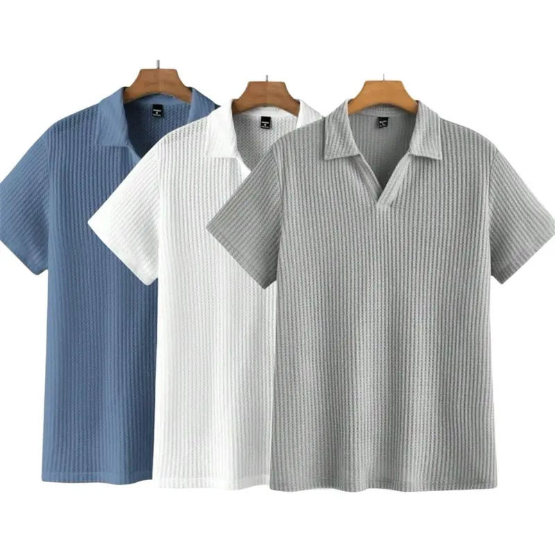 Paket 3 pcs Kaos polo lengan pendek pria V-neck waffle premium baju distro terbaru Atasan Kerah Dewasa Cowok 4