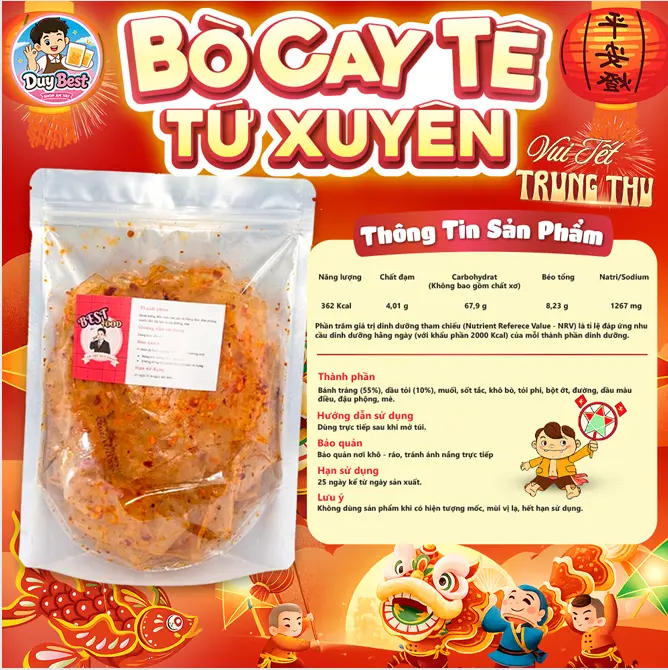 Tết Trung Thu (Độc Quyền) Bánh Tráng Bò Cay Tê Tứ Xuyên Duy Best - Vị Cay Tê Tê & Khô Bò Ngon