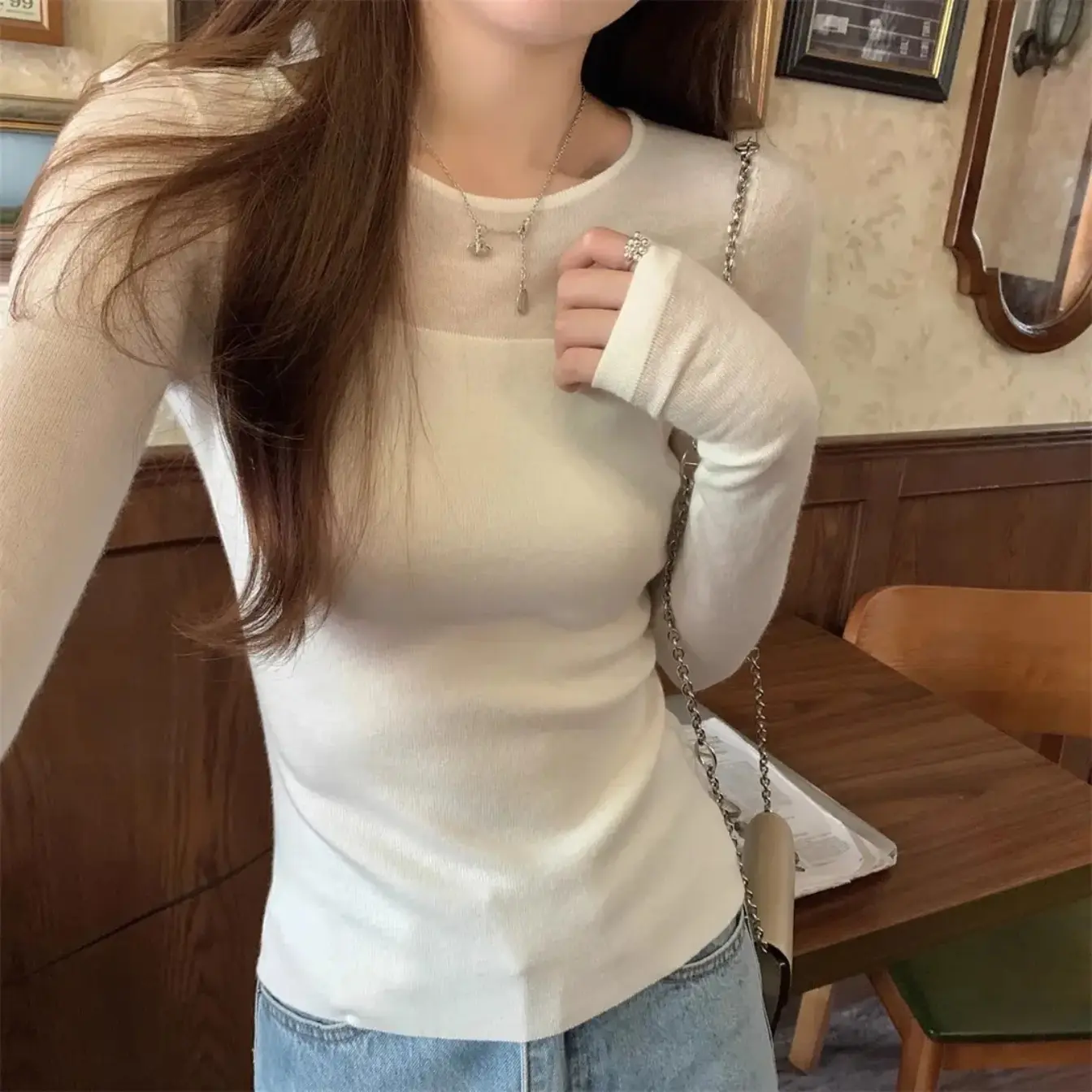 High-grade slim fit stitching transparent pure desire slim wool sweater women's autumn long-sleeved outer wear inner top