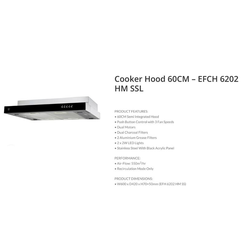 EF EFCH 6202 HM SSL 60CM STAINLESS STEEL SLIMLINE HOOD WITH BLACK ACRYLIC PANEL 1