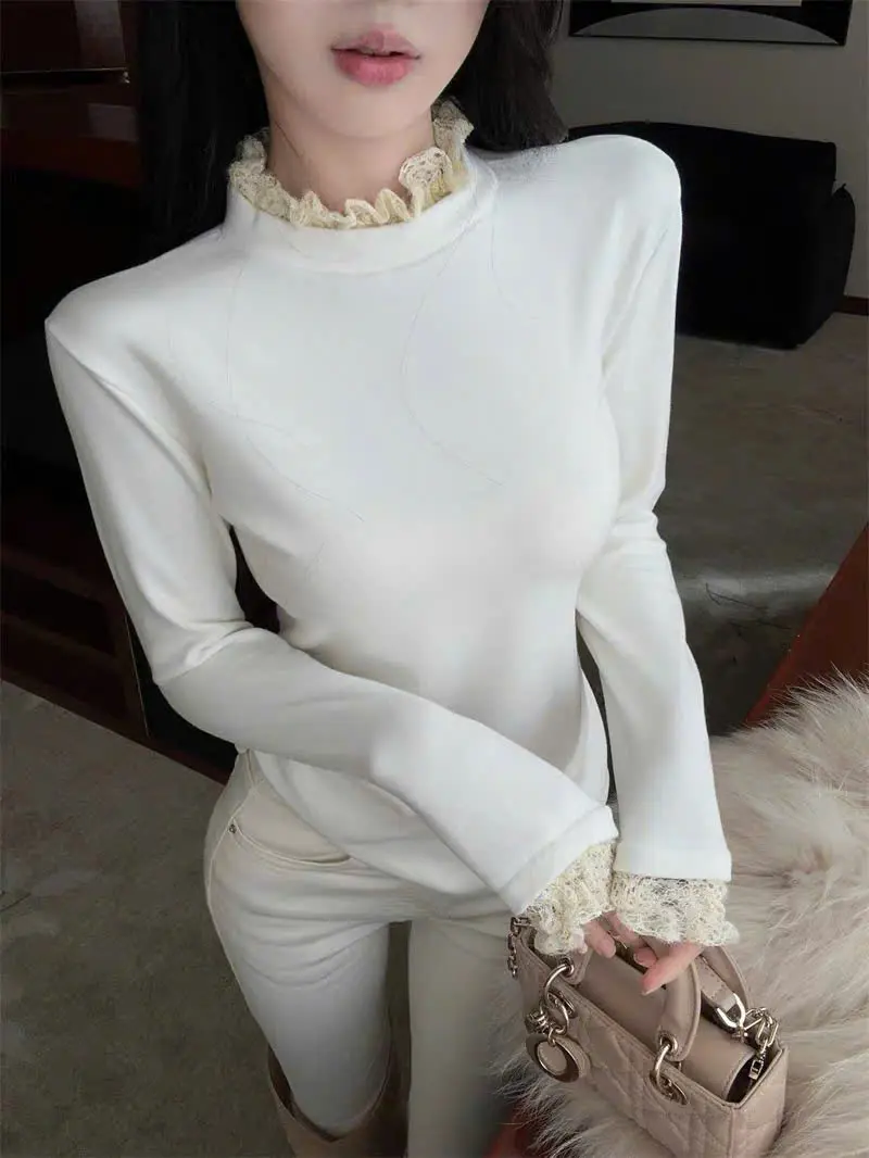 Áo giữ nhiệt tăm lông thỏ phối ren Lenogi Áo cổ cao  co dãn mềm mại ấm áp | BigBuy360 - bigbuy360.vn