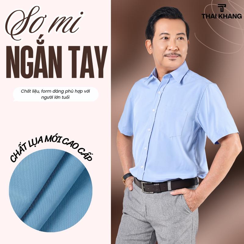 Áo sơ mi nam ngắn tay trung niên trơn Thái Khang vải lụa co giãn ATK17 Menswear Cổ Tròn