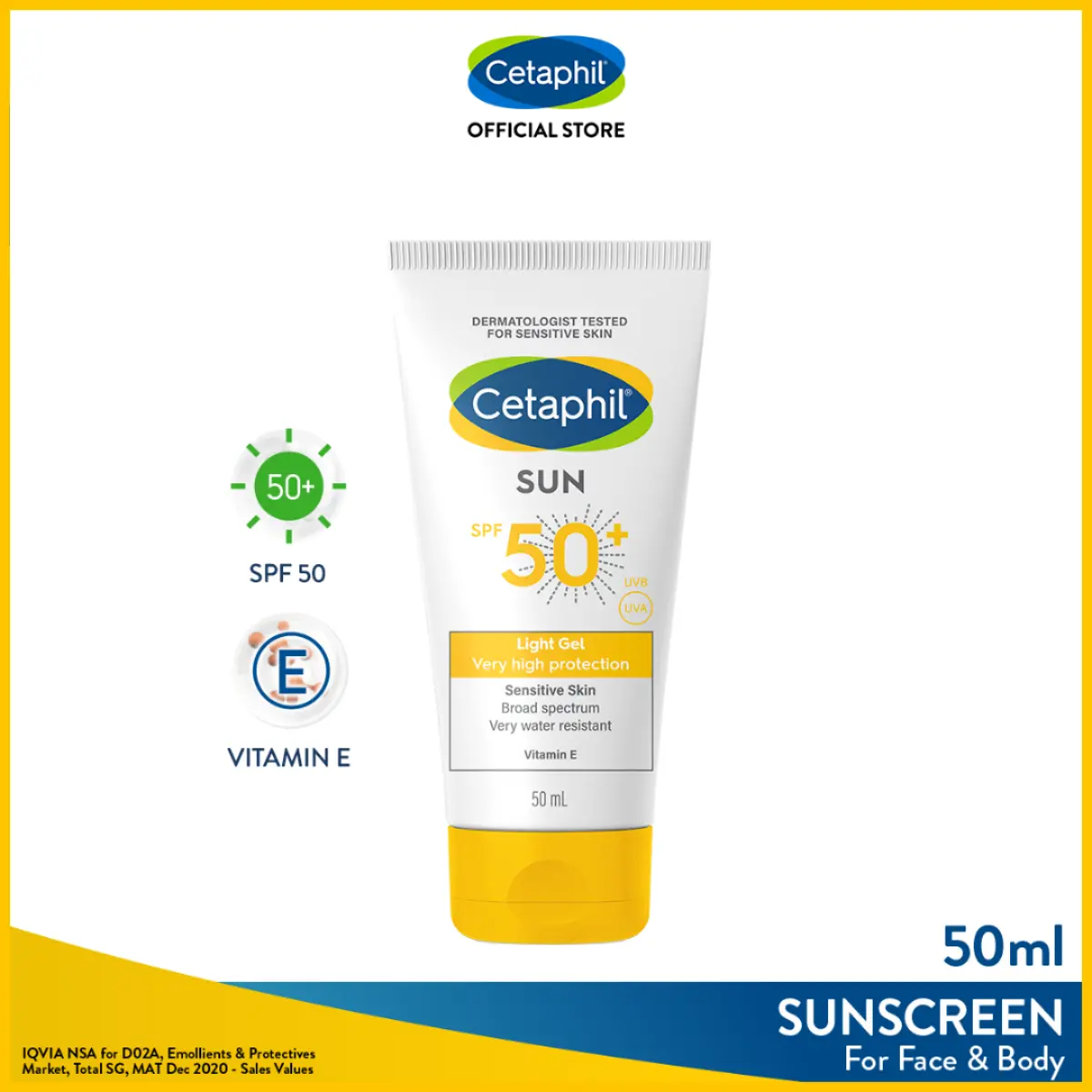 CETAPHIL Sun SPF 50+ Light Gel Sunscreen 50ml [For Sensitive Skin, Face & Body] with Soothing Vitamin E