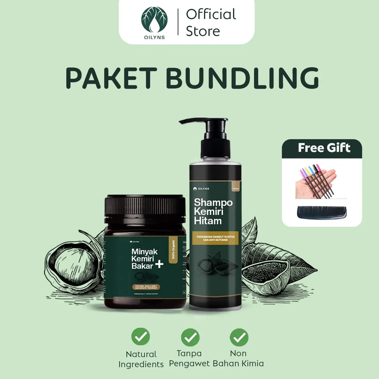 [PAKET BUNDLING] Minyak Kemiri Bakar PLUS & Shampo Kemiri Hitam 100ml - Melebatkan, Menghitamkan, Menebalkan Rambut, Mengatasi Rontok & Ketombe, Haircare