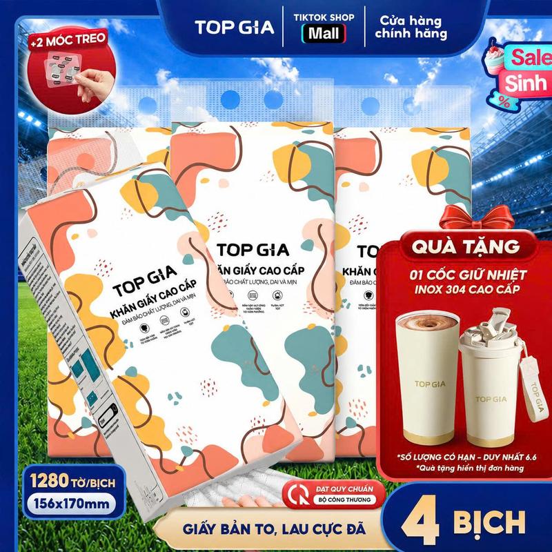 (TẶNG BÌNH GIỮ NHIỆT 500ML) Thùng 4 Bịch Khăn Giấy CỠ ĐẠI đa sắc treo tường tiện lợi, an toàn Giấy Ăn TopGIa, giấy rút đa năng treo tường ĐẠT QUY CHUẨN BỘ CÔNG THƯƠNG (SIZE XL - PREMIUM) RDS17