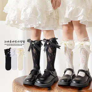 2418 Kaos Kaki Panjang Anak Perempuan remaja 3 - 12 Tahun renda pita depan ada Mutiara cute setinggi betis Fashion Korean style model Lolita Cosplay tipis Kaos kaki stoking brokat Hitam Putih & Putih