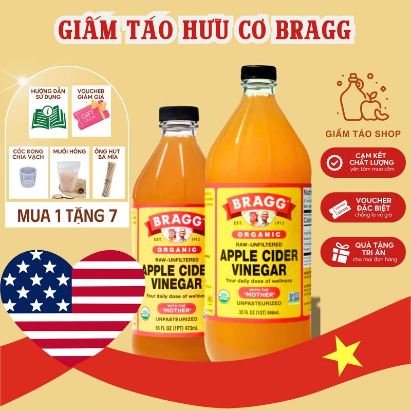 Giấm Táo Shop | Giấm táo Hữu cơ Bragg | Tặng Ly đong + Ống hút + Muối hồng + Hướng dẫn sử dụng
