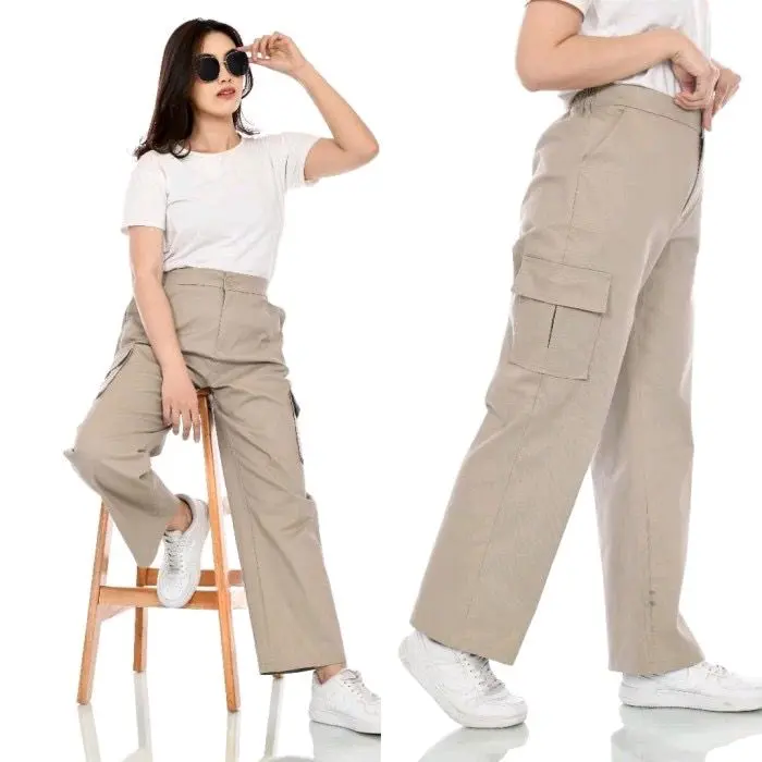 CELANA CARGO PANJANG // CELANA CARGO WANITA // CELANA CARGO HIGHWAIST Lembut Karet Melar Standar Kulot Baggy