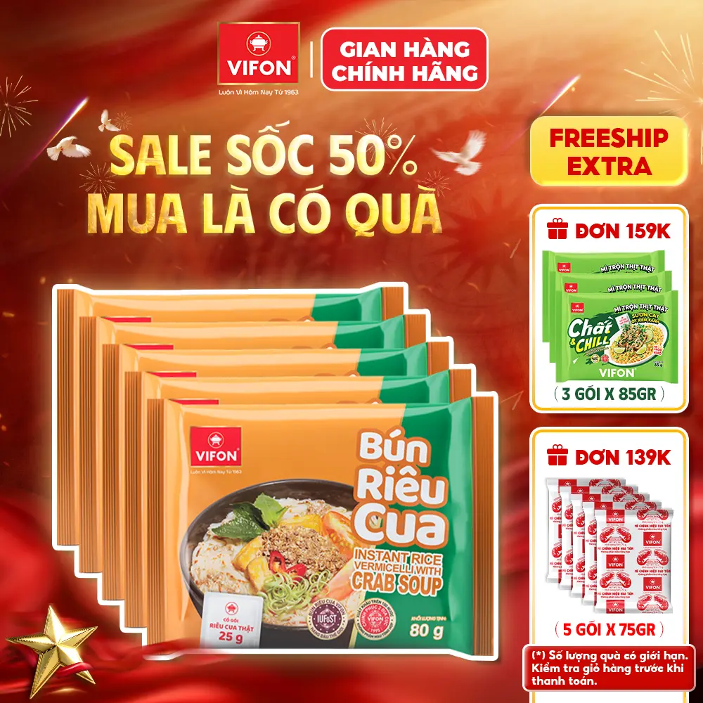 [VOUCHER HOT 10%] Set 5/ Set 10 gói Bún Riêu Cua VIFON 80gr/gói