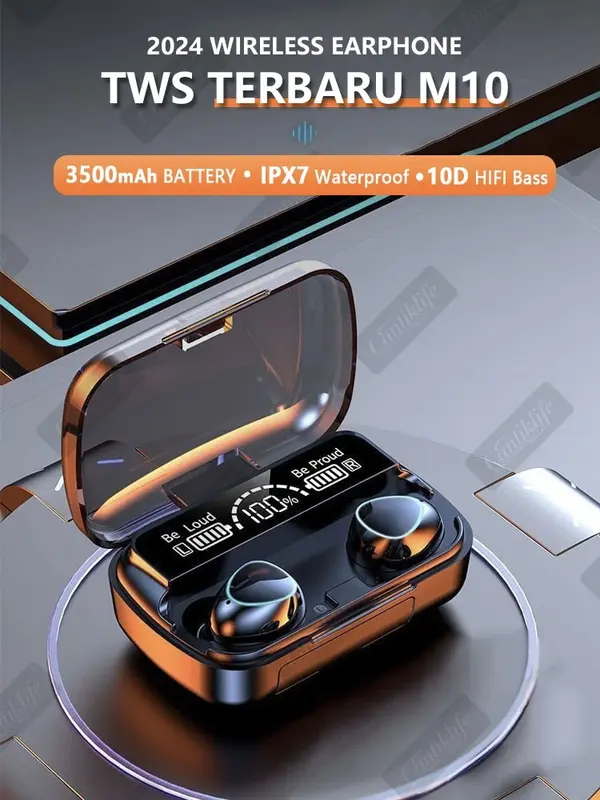 TWS M10 Headset Bluetooth Stereo dengan Mic dan Powerbank 3500 mah Earphone Full Bass LED Display Tahan Air Waterproof IPX7 Headphone Handset Earbud In Ear Wireless Gaming No Delay 8