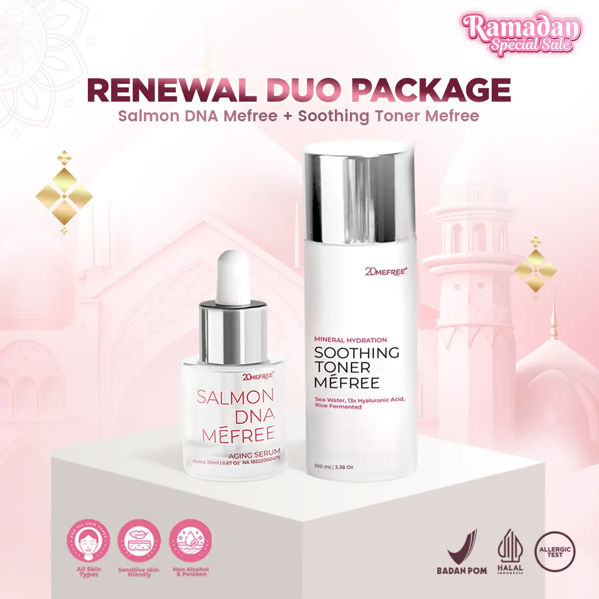 Renewal Duo Package - Salmon DNA Mefree +  Soothing Toner Mefree (Anti Aging Serum + Toner) - Mengangkat Sisa Kotoran di Wajah Pelembab Meminimalkan Pori-pori Mengencangkan Kulit Wajah Kering dan Berjerawat Memudarkan Kerutan Halus di Wajah