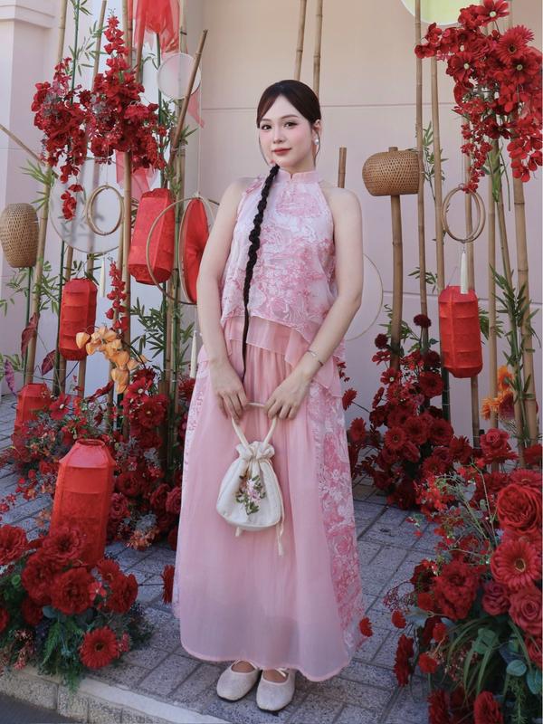 Set áo dài cách tân cổ yếm kèm chân váy lưng chun Ảnh thật/sẵn Nữ Women