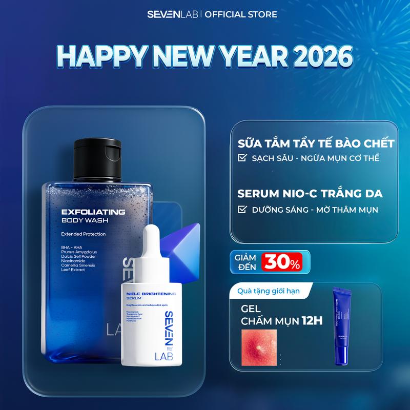  Combo sữa tắm tẩy tế bào chết và serum dưỡng trắng da nam giới Nio-C SEVENLAB giúp mờ thâm sáng da vượt trội ngăn ngừa và giảm mụn body 
