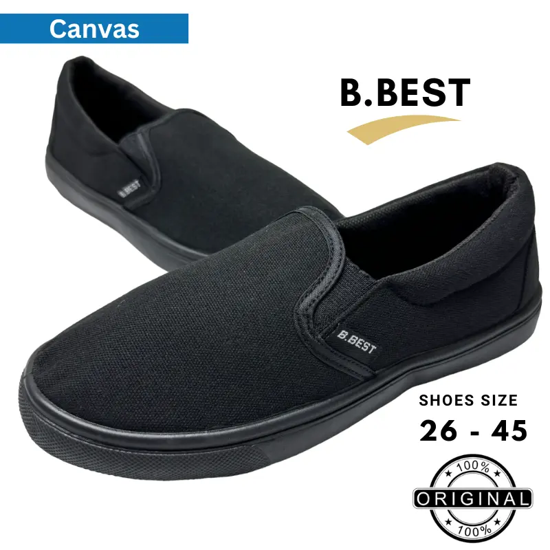 Kasut Sekolah Hitam Sarung School Shoes Black Canvas Slip on Shoe Unisex B.Best