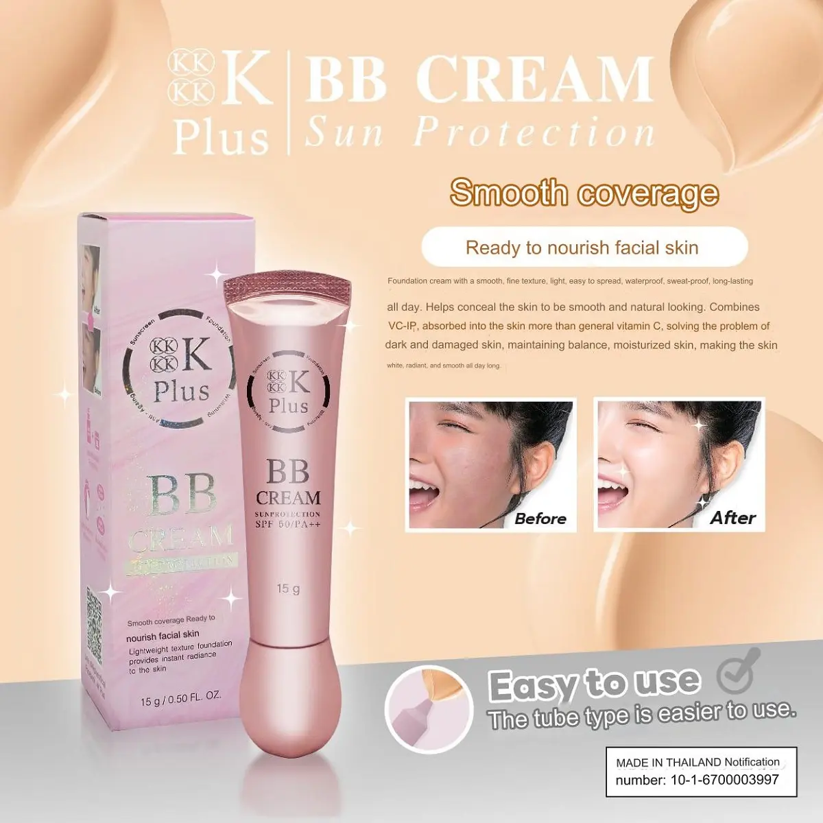 BB Cream Sun Protection UVA UVB Spf 50/PA ++ 15G Suncreen Protection 4K Plus