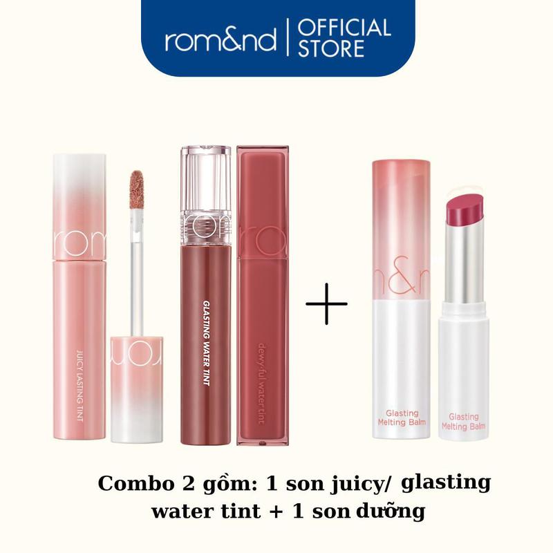 [Rom&nd] Combo 2 Son Gồm: 1 Son Tint Bóng Juicy/ Glasting Water Tint/Dewyful Water Tint Son Dưỡng Có Màu Romand Glasting Melting Balm + 1 Son Dưỡng Có Màu Thuần Chay Romand Glasting Melting Balm 3.5g