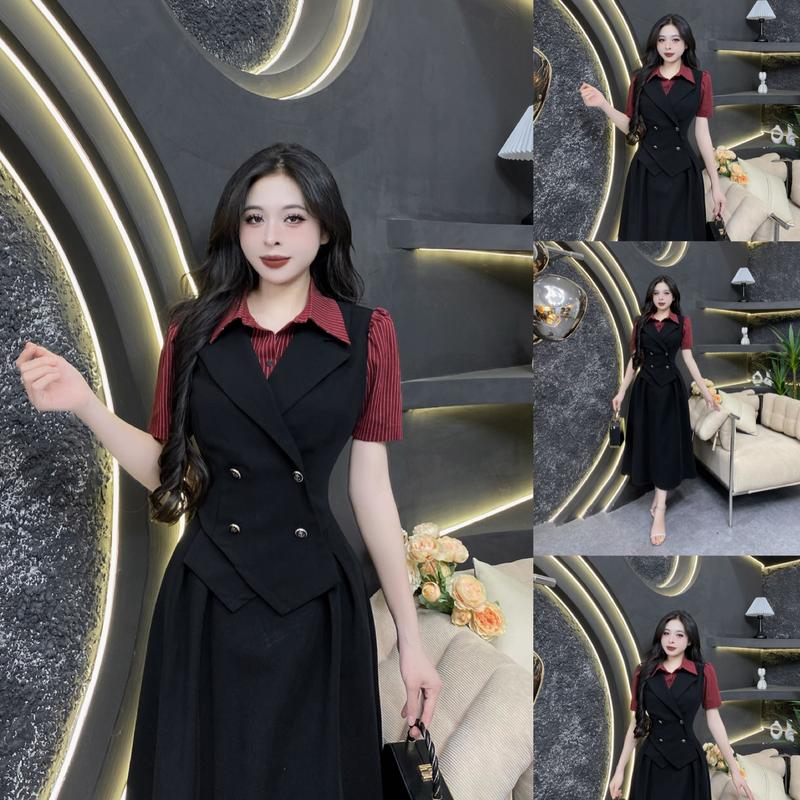 D57 - Váy Thiết Kế Evii dành cho nữ, Đầm thiết kế liền thân phối kẻ dáng A xoè dài phù hợp đi làm, đi chơi và đi dự tiệc. Có Bigsize Women Dress