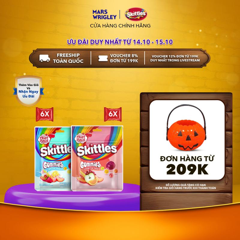 Combo 12 Gói kẹo dẻo Skittles Gummies mix vị - 6 gói vị trái cây và 6 gói vị sữa chua trái cây