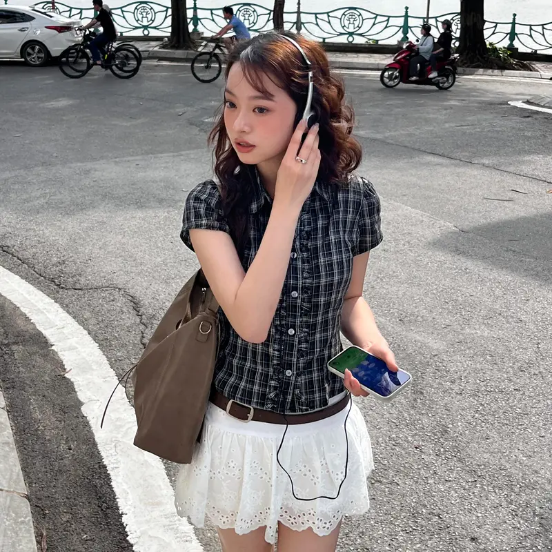 Nimbus Top - Áo kiểu nữ, áo sơ mi nữ họa tiết caro phối bèo ngắn tay nhiennhienvintage BA474 2