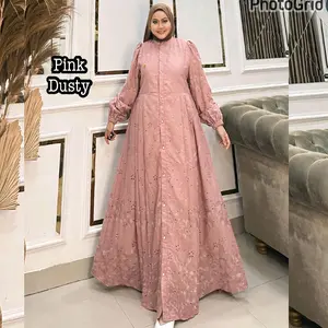 Queenasyari - Brigitte Dress (Hanya Gamis) Jumbo  Bahan Katun Bordir BKK Gamis Full Kancing Bisa Buat Outer Wanita Muslim Tangan Karet Lembut Maxi Panjang Mewah Pesta Kondangan