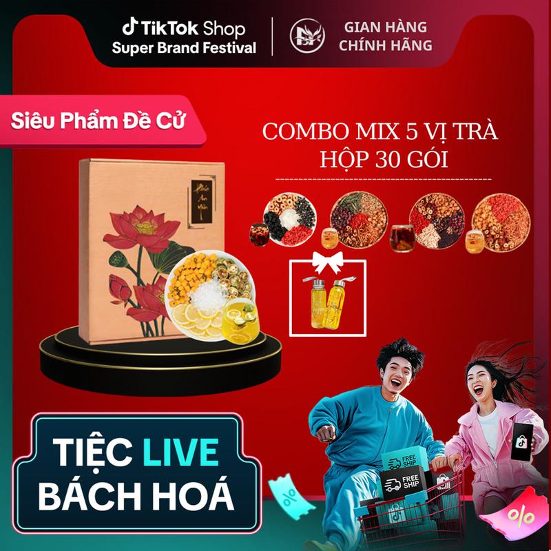 [Tặng Bình] 30 Gói Mix 5 Vị Trà - Trà Đông Trùng Tứ Vị, Trà Đông Trùng 7 Vị, Trà Gừng Đường Nâu, Trà Chanh Dây Kim Quất, Trà Bổ Máu Dưỡng Huyết. Mua Hộp 30 Gói Tặng Bình Thủy Tinh