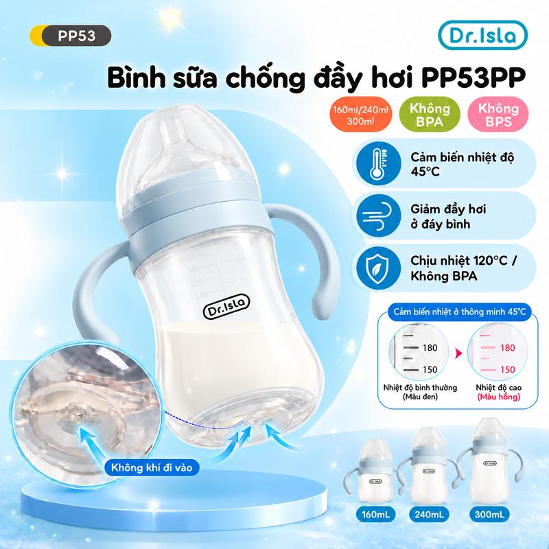 Dr.Isla PP53 - Bình Sữa Cảm Biến Nhiệt Thông Minh Cho Bé, Van Khí Hỗ Trợ Chống Đầy Hơi Có Tay Cầm (160ml/240ml/300ml)