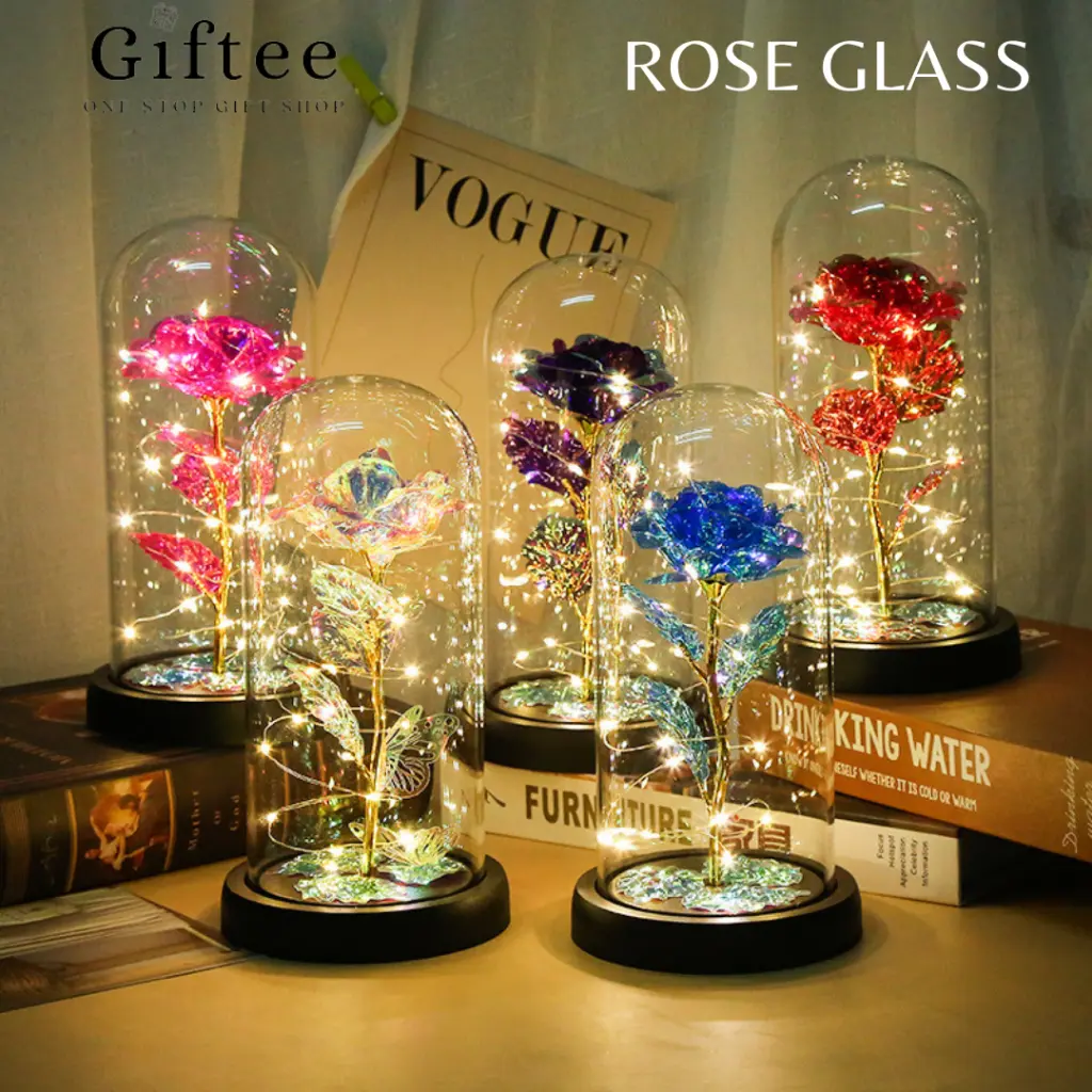BUNGA MAWAR LAMPU LED ROSE IN GLASS DOME FLOWER DEKORASI RUMAH HIASAN KAMAR RUANG TAMU BEAUTY AND THE BEAST LAMP TIDUR KADO HADIAH GIFT ULANG TAHUN BIRTHDAY VALENTINE VALENTINE’S HARI KASI