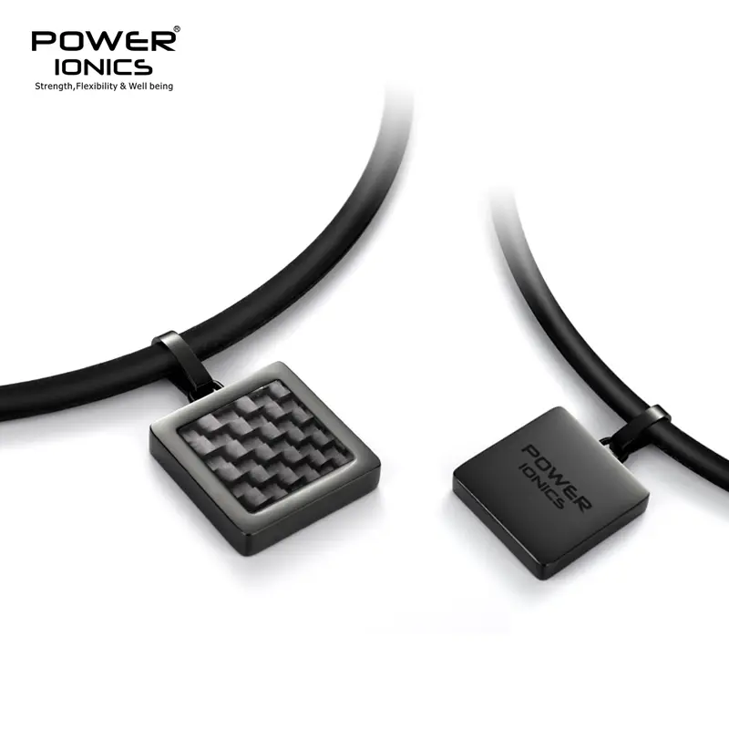 Power Ionics Unisex Germanium Tourmaline Black Carbon Fiber Square Pendant Anions Healthy Necklace 2-Sides Wearable