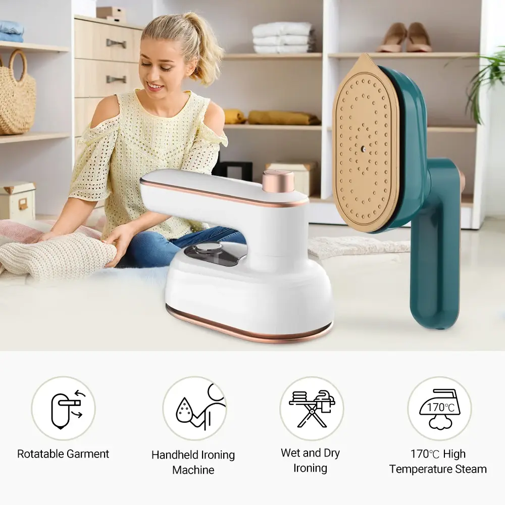 1 mini iron, 180° rotating handle, built-in water tank, fast heating, available in green and white.