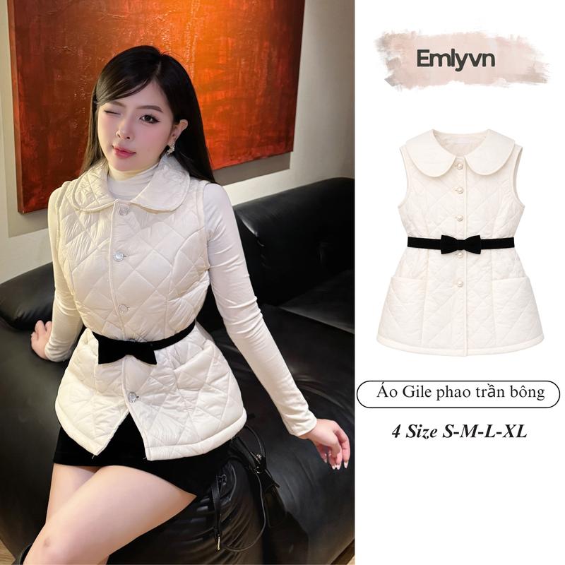  EMLYvn - Áo Gile Phao Nữ Trần Bông Kèm Đai Nơ Áo Khoác Gile Nữ Vải Mềm Nhẹ Phong Cách Hàn Quốc 