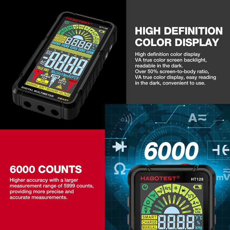 Product Introduction of HABOTEST HT128 Smart Digital Multimeter Rechargeable Non-Contact Touch Screen Multimetro Tester transistor 6000 Counts True RMS NCV Auto Range DC/AC Voltmeter 39