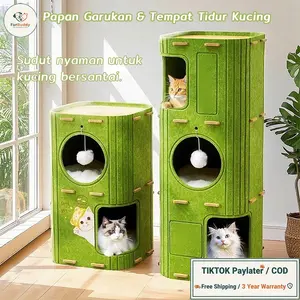 【SA FurBuddy】 Rumah kucing multi-lapis, bingkai panjat kucing dan pohon kucing dalam satu untuk semua musim, lubang pohon kucing, papan garukan kucing dua lapis, rumah kucing tertutup
