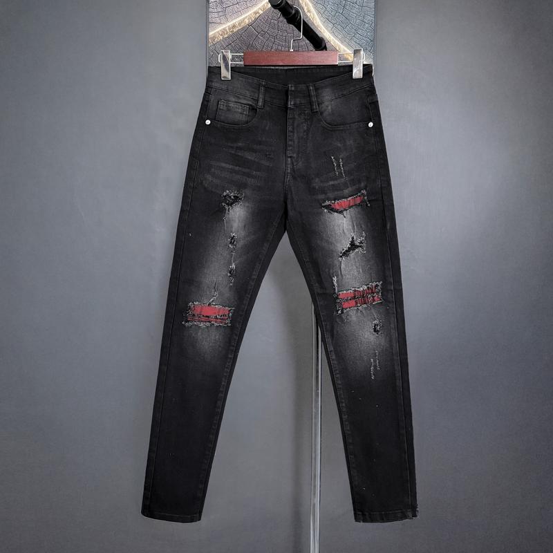 Quần jean nam vá vải boy phố rách gối màu đen chất liệu bò co dãn 4 chiều form dáng skinny đẹp QJN2e62 Menswear Pants Có Túi