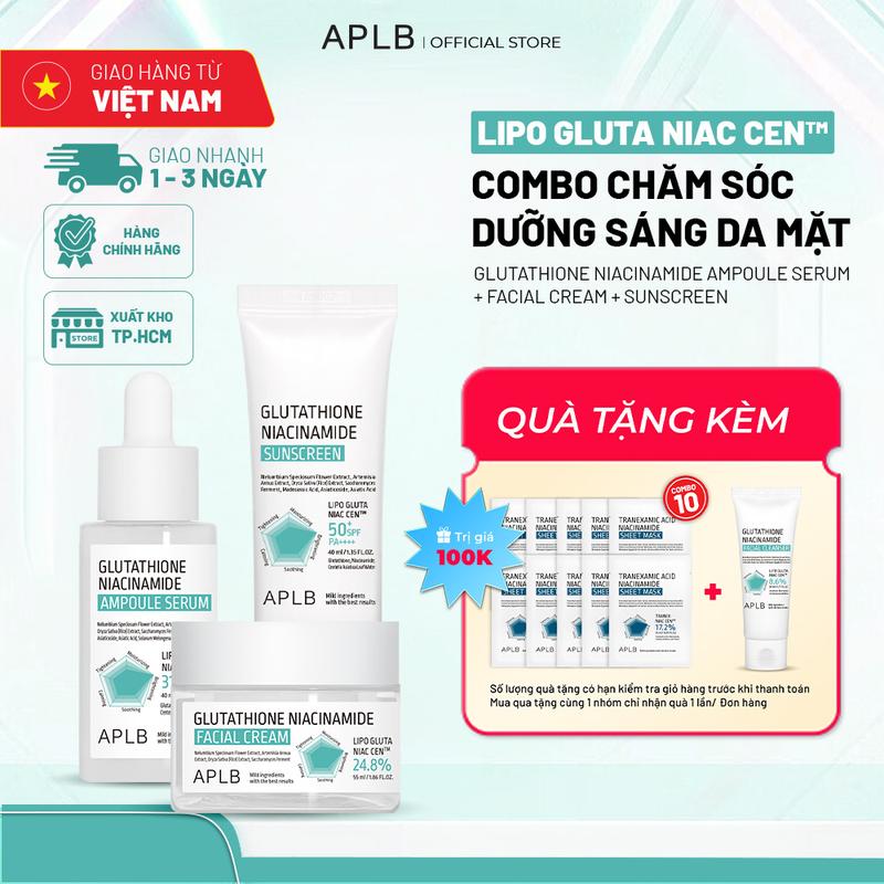 Combo 3 món chăm sóc dưỡng sáng da mặt Serum + Cream + Suncreen Glutathione
