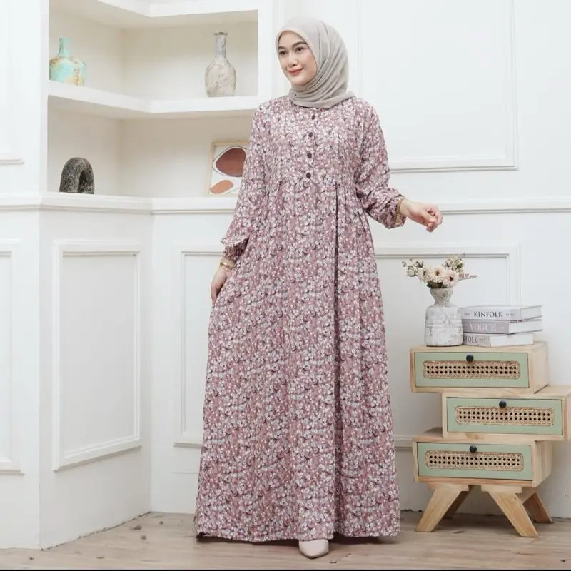 Gamis Muslim Motif Bunga Rayon Diamond Busui Frienly Kancing Lengan Karet Kantong Panjang Wanita