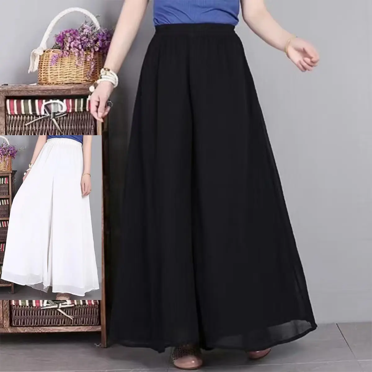Quần Ống Rộng Dài Cho Nữ, Quần Voan Muslimah Dáng Rộng, Cạp Cao, Chân Dày