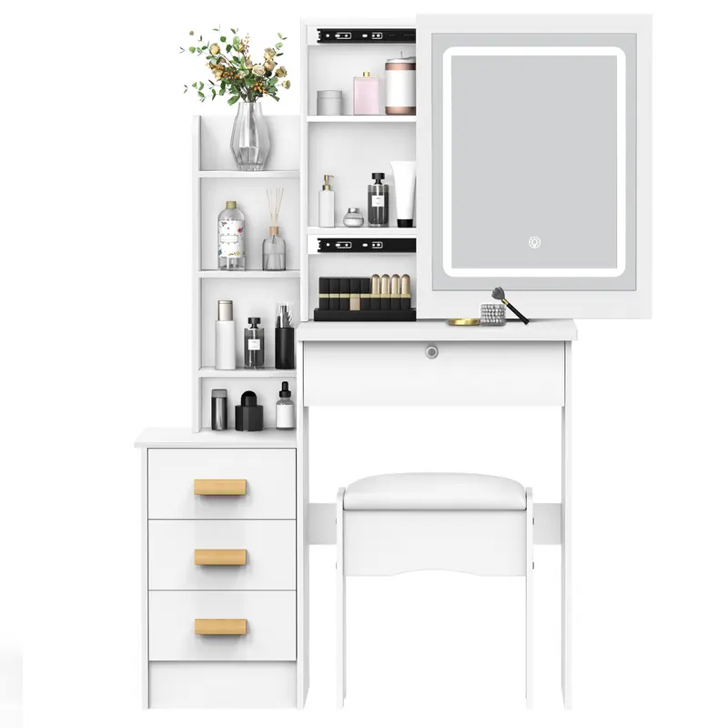 Vanity Desk with Sliding Mirror and Lights, Bedroom Dressing Table, Makeup Table with Drawers & Shelves, Hidden Storage Space 1