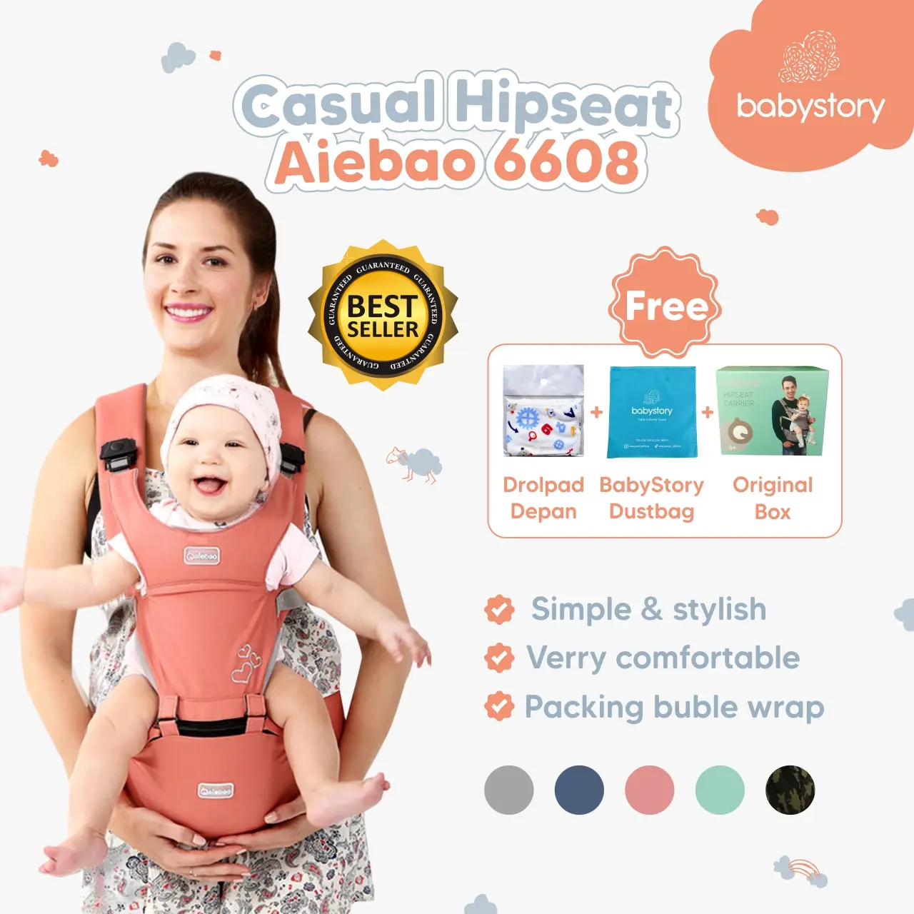 Original Hipseat Aiebao 6608 Gendongan Bayi Casual Katun Baby Carrier Ringan Aman