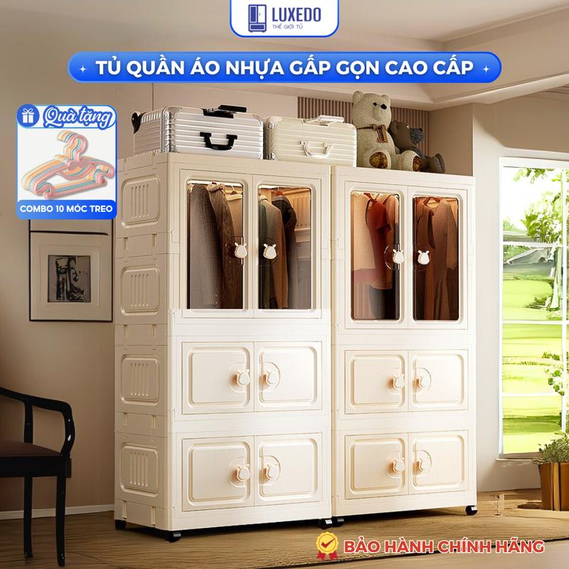 [TẶNG MÓC TREO] Tủ Nhựa Gấp Gọn Luxedo Rộng 64cm Có Bánh Xe, Tủ Đựng Quần Áo Kính Hiện Đại Chất Liệu Nhựa PP An Toàn, Chắc Chắn HC08