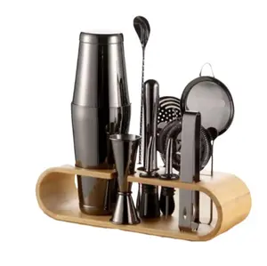 Bar Set Premium 11 Pcs with Wooden Rack Black - Bar Set Lengkap dengan Rak Kayu