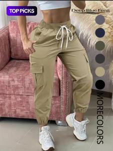Pantalones cargo de cintura lisa con cordón para mujer, pantalones casuales con bolsillo para uso diario, pantalones de mujer para todas las estaciones