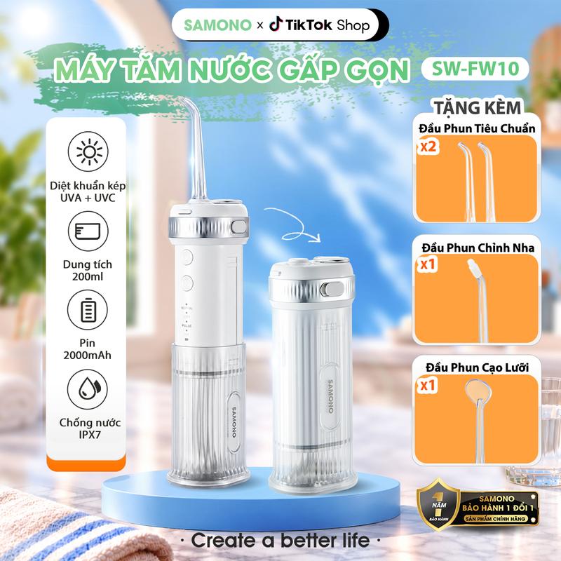 Máy Tăm Nước WF10 SAMONO - 4 Chế Độ Làm Sạch Sâu, Phụ Kiện Đi Kèm 4 Đầu Tăm Nước, Dung Tích 200ML, Tiện Lợi, Nhỏ Gọn, Dùng Cho Cả Người Niềng Răng
