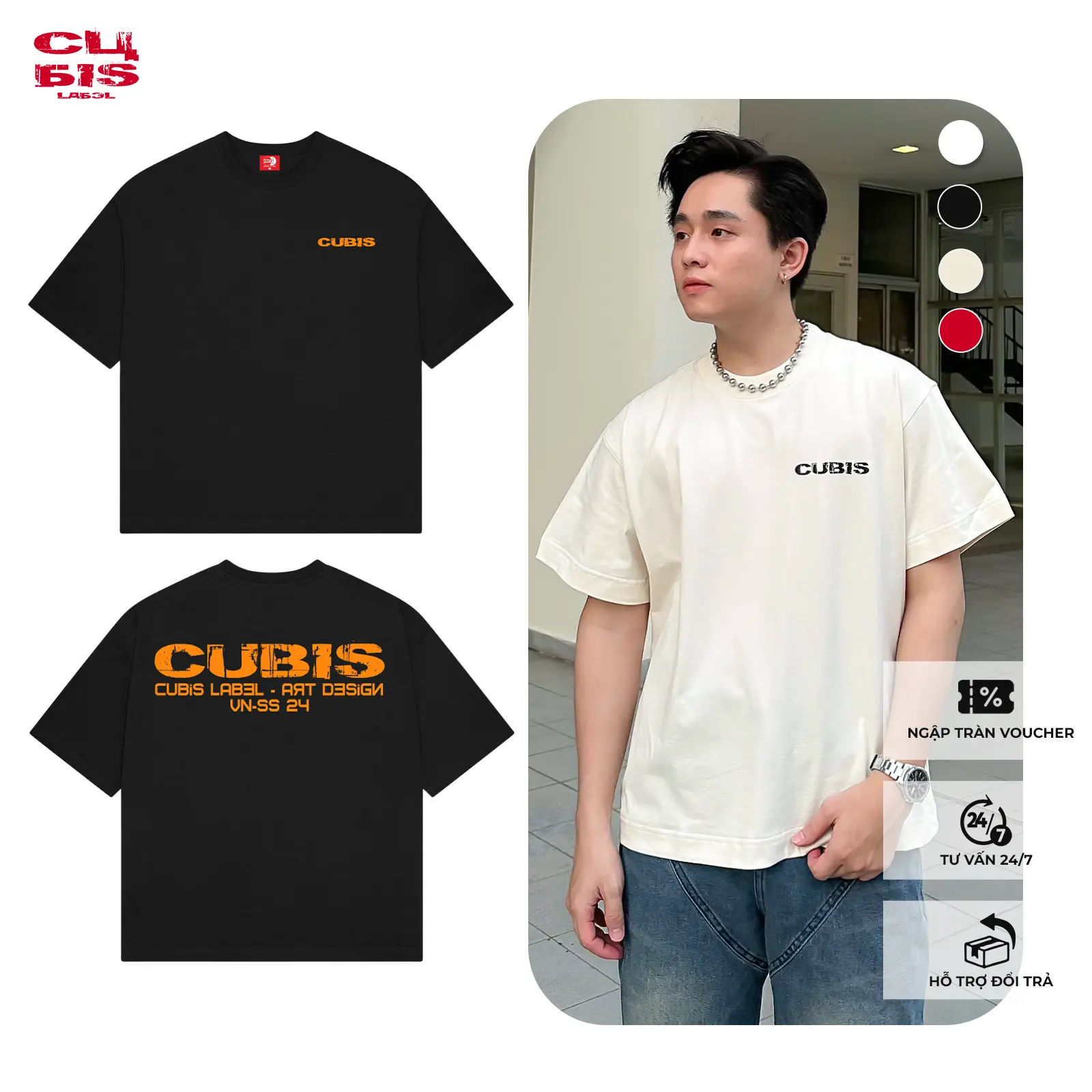 Áo thun Basic Logo Cotton Local Brand Unisex Nam Nữ Form Boxy Cubis Label Menswear Cổ Tròn Top Đen xl