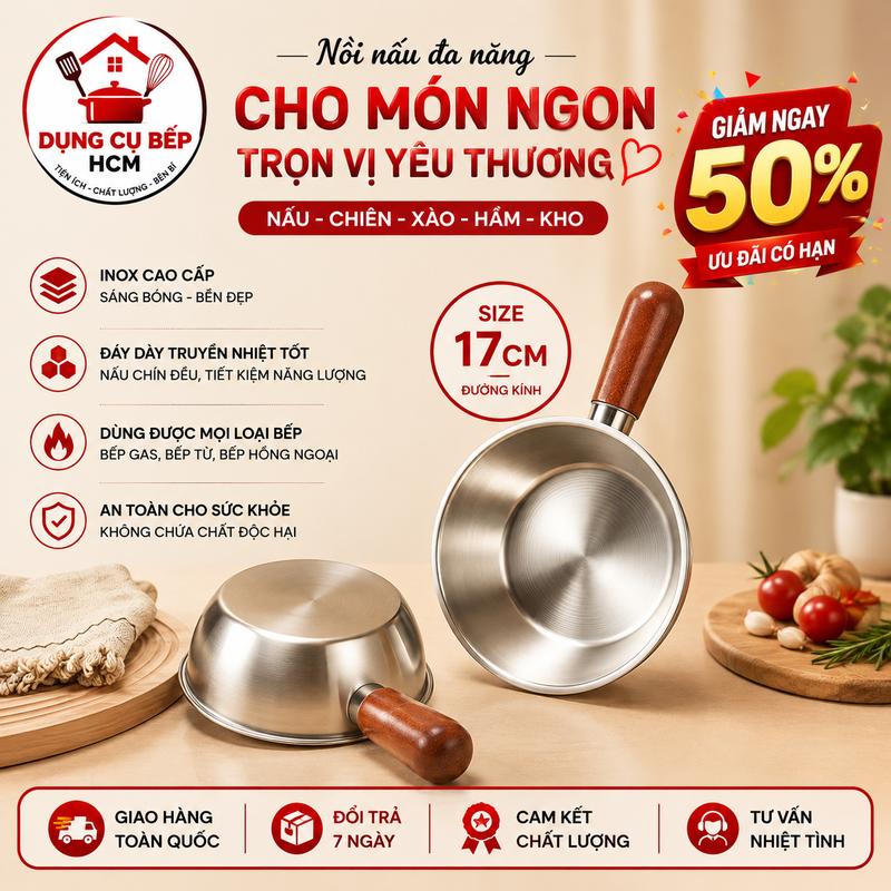 Chảo Inox Mini 17cm Tay Cầm Gỗ Chống Nóng - Nấu Mì Cháo Siêu Nhanh Bền Đẹp An…