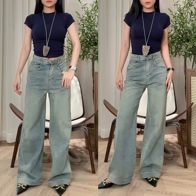 THE QUAO - Quần Jean Nữ Lưng Cao Ống Rộng 27CM Túi Kiểu Màu Xanh Xám phủ Bụi Vàng S3103_627 4