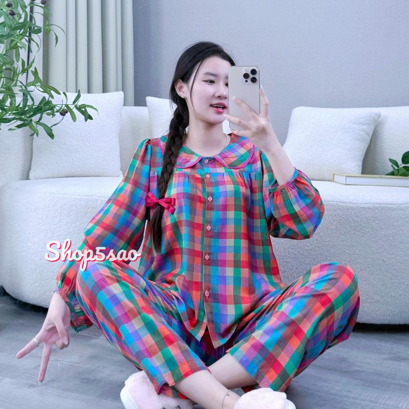  Đồ bộ tole nữ bộ lanh mặc nhà quần dài áo tay dài cài nút cổ sen tiểu thư SHOP5SAO  43-67kg  