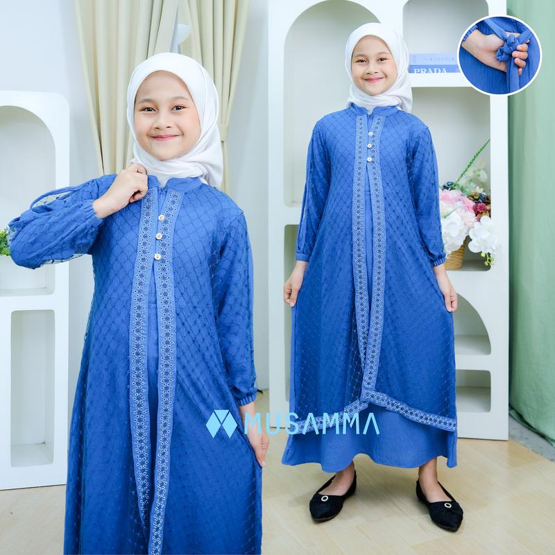 DRESS ANAK RAISA  - Gamis Crinkel Premium Mix Brokat Tile Malika Kancing aktif dan Wudhu Friendly dress anak tanggung 3
