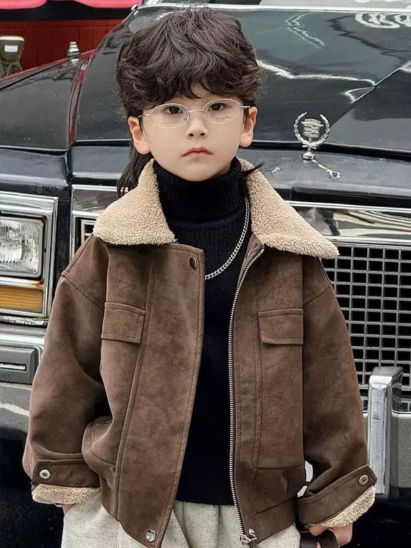  Áo Khoác Da Lỳ 25780 Màu Nâu Đậm Bên Trong Lót Lông Cừu 15-45Kg 3 đến 13 tuổi  Cho bé Trai 