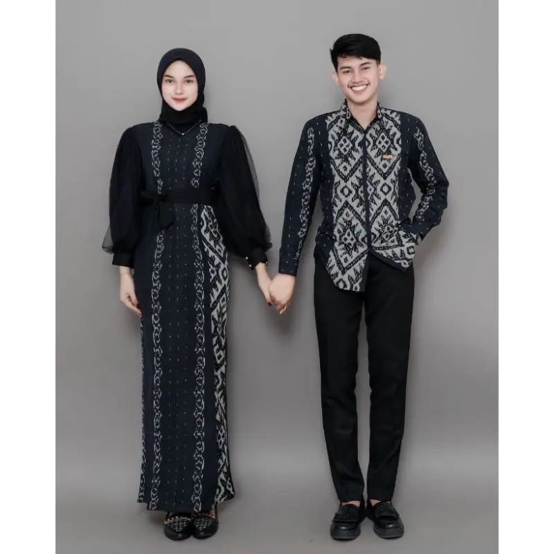 BAJU TENUN COUPLE KONDANGAN KEMEJA DRESS PASANGAN KELUARGA NEW PADMA BLACK DRESS DAN KEMEJA Wanita Pasangan Hitam Panjang Sarimbit Atasan Setelan Katun Dewasa Baju Lebaran Polos Remaja Keluarga Gamis Pesta Batik 1